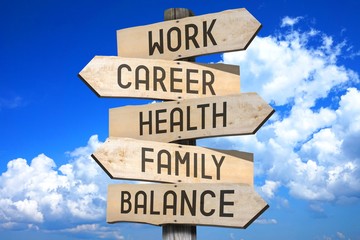 Wall Mural - Wooden signpost - work balance (work, career, health, family, balance).