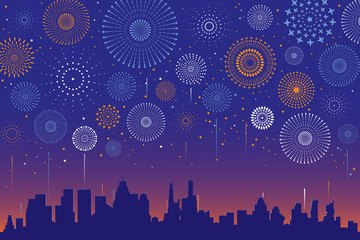 vector illustration of a festive fireworks display over the city at night scene for holiday and cele