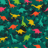 Fototapeta Dinusie - Cute kids pattern for girls and boys. Colorful dinosaurs on the abstract grunge background create a fun cartoon drawing. The background is made in neon colors. Urban backdrop for textile and fabric.