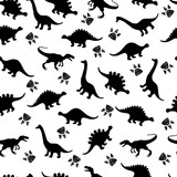 Fototapeta Dinusie - Cute kids pattern for girls and boys. Colorful dinosaurs on the abstract grunge background create a fun cartoon drawing. The background is executed in monochrome colors. For textile and fabric