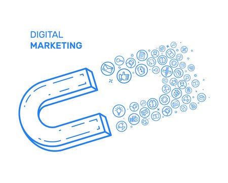 Vector illustration with blue icon in flat line style. Design concept for digital marketing, social campaign, engaging, blogging Use in Web Project and Applications. Outline isolated object.