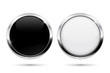 Round buttons with metal frame. Black and white shiny 3d icons