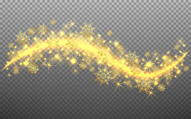 Wall Mural - Wave stars and snowflakes trail effect on transparent background. Abstract light painting vector Illustration.