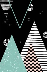  Abstract geometric Scandinavian style pattern with mountains, trees and triangles.