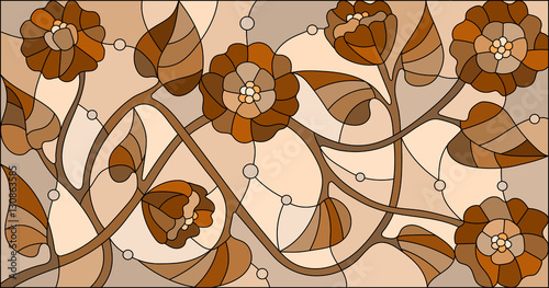 Naklejka na kafelki Illustration in stained glass style with flowers,monochrome Sepia, horizontal orientation