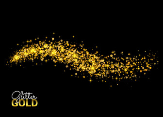 Wall Mural - Cosmic glittering wave. Vector golden sparkling star. Magic glowing stardust trail. Gold glittering stars dust trail sparkling particles on black background. Space comet tail