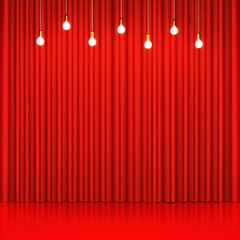 Wall Mural - Red curtain with glowing light bulbs and glossy floor