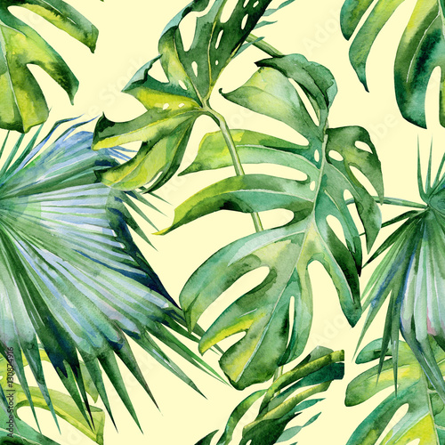 powielona-akwarela-ilustracja-tropikalne-liscie-wyglad-dzungli-motyw-letniej-akwareli-zielone-liscie-na-zoltym-tle