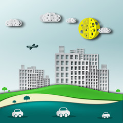 Sticker - Abstract Paper Cut Landscape with Block of Flats Buildings, Cars and Airplane. Vector Cityscape.