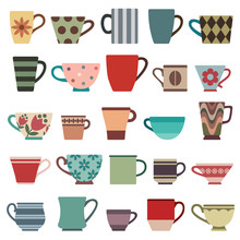 Coffee cups and mugs in various shapes and colors