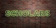 SCHOLARS - fluorescent Neon tube Sign on brickwork - Front view - 3D rendered royalty free stock picture. Can be used for online banner ads and direct mailers..