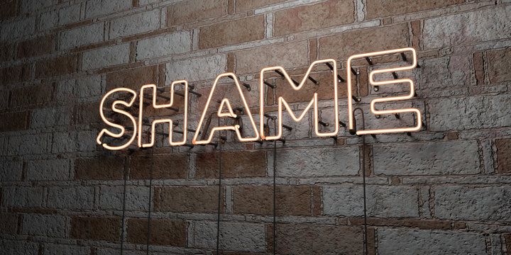 SHAME - Glowing Neon Sign on stonework wall - 3D rendered royalty free stock illustration.  Can be used for online banner ads and direct mailers..