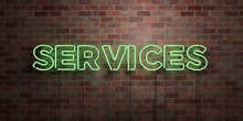SERVICES - Fluorescent Neon Tube Sign On Brickwork - Front View - 3D Rendered Royalty Free Stock Picture. Can Be Used For Online Banner Ads And Direct Mailers..