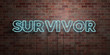 SURVIVOR - fluorescent Neon tube Sign on brickwork - Front view - 3D rendered royalty free stock picture. Can be used for online banner ads and direct mailers..