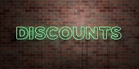 Fototapete - DISCOUNTS - fluorescent Neon tube Sign on brickwork - Front view - 3D rendered royalty free stock picture. Can be used for online banner ads and direct mailers..