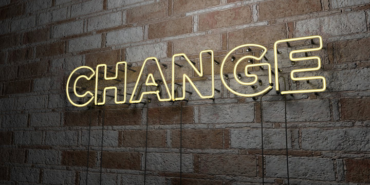 CHANGE - Glowing Neon Sign on stonework wall - 3D rendered royalty free stock illustration.  Can be used for online banner ads and direct mailers..