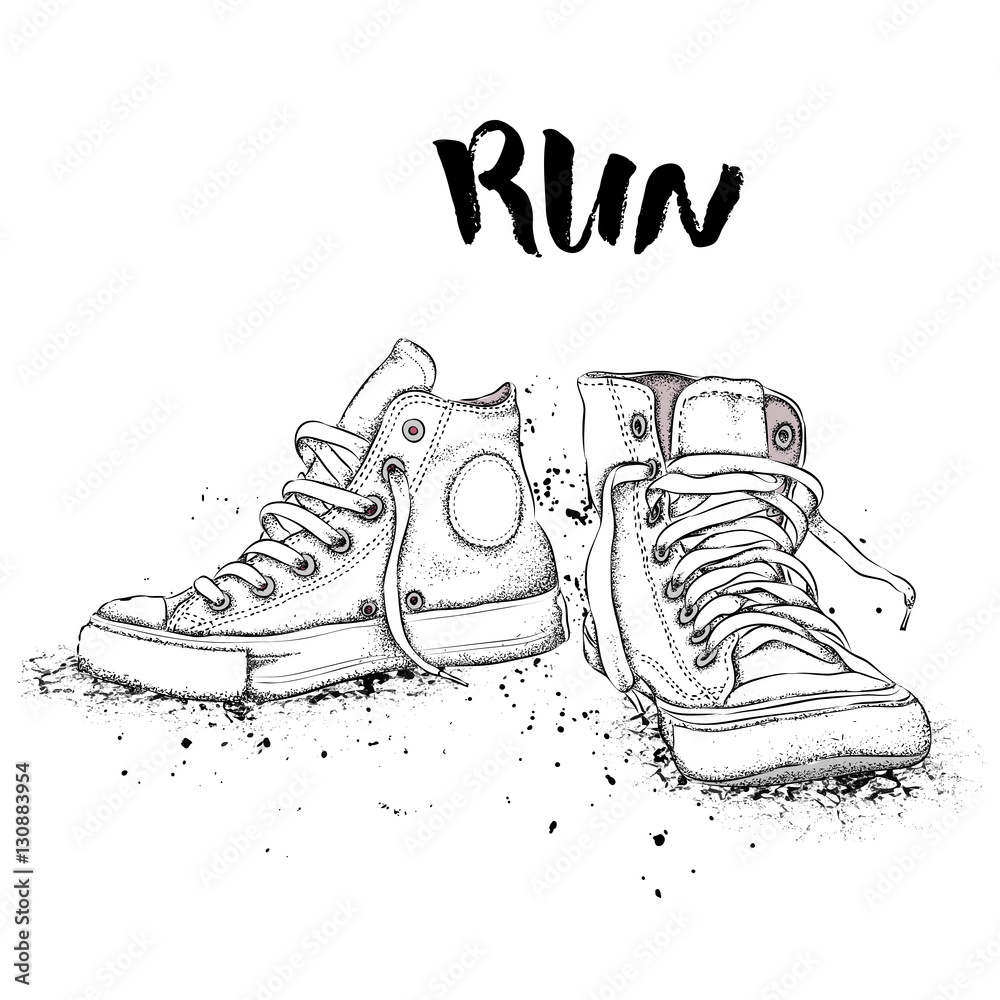 Hand drawn sneakers on white background. Run Concept. Vector ...