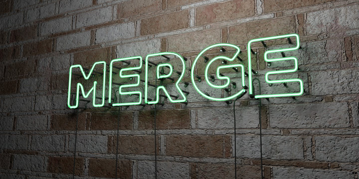 MERGE - Glowing Neon Sign on stonework wall - 3D rendered royalty free stock illustration.  Can be used for online banner ads and direct mailers..