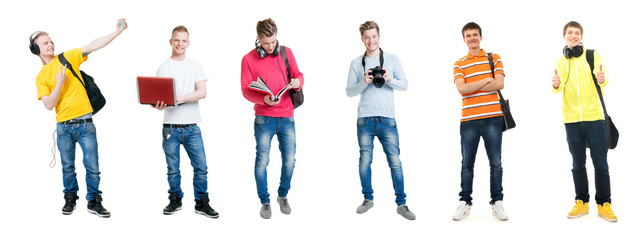 Group of happy male students isolated on white