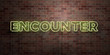 ENCOUNTER - fluorescent Neon tube Sign on brickwork - Front view - 3D rendered royalty free stock picture. Can be used for online banner ads and direct mailers..