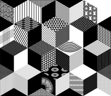 Seamless Pattern Background With Textured Black White Rhombus