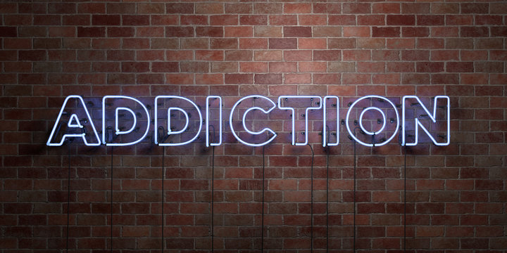 ADDICTION - fluorescent Neon tube Sign on brickwork - Front view - 3D rendered royalty free stock picture. Can be used for online banner ads and direct mailers..