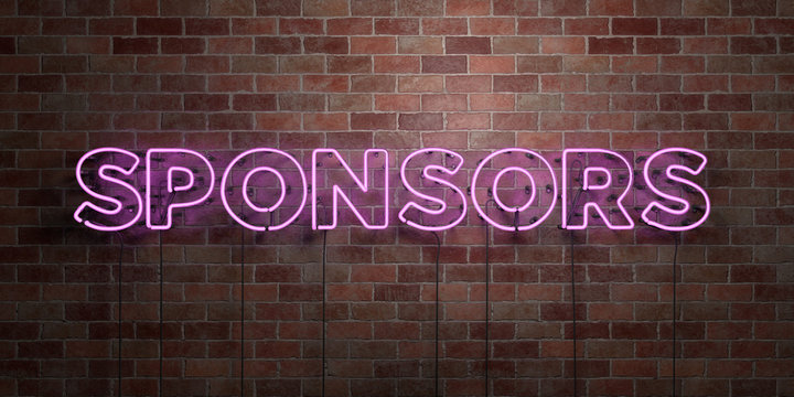 SPONSORS - fluorescent Neon tube Sign on brickwork - Front view - 3D rendered royalty free stock picture. Can be used for online banner ads and direct mailers..