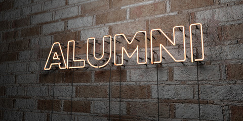 Poster - ALUMNI - Glowing Neon Sign on stonework wall - 3D rendered royalty free stock illustration.  Can be used for online banner ads and direct mailers..