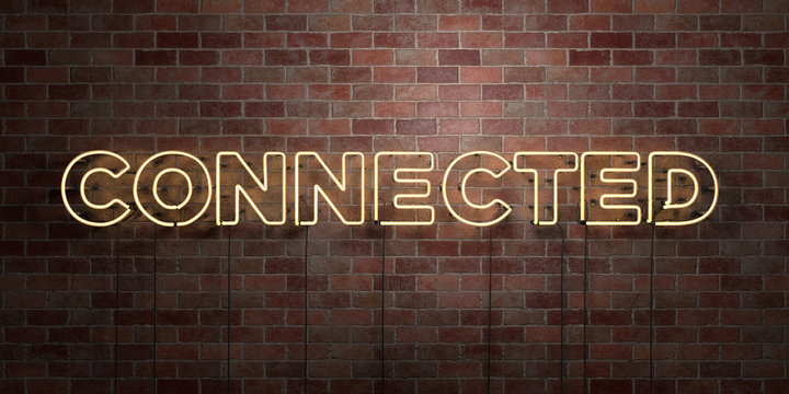 CONNECTED - fluorescent Neon tube Sign on brickwork - Front view - 3D rendered royalty free stock picture. Can be used for online banner ads and direct mailers..