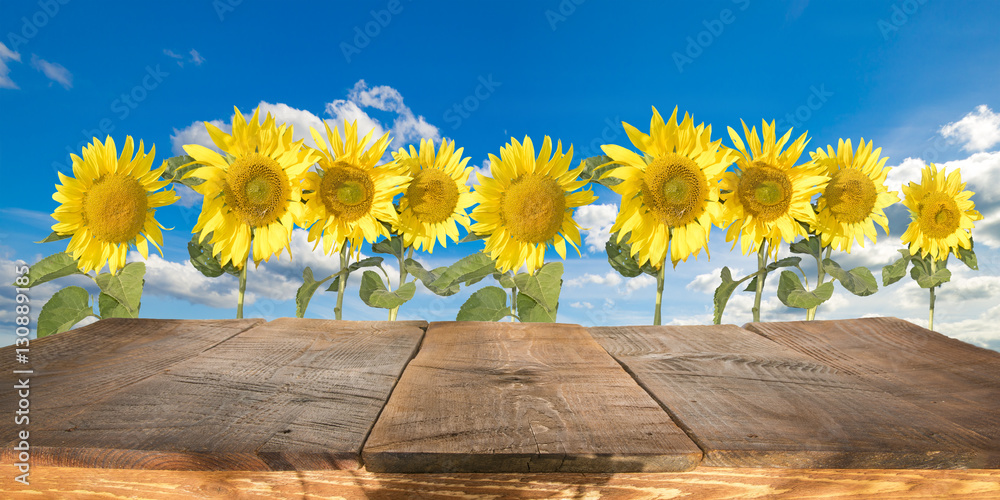 drewniany stół ze słonecznikami w tle - obrazy, fototapety, plakaty 