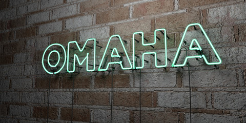 Fototapete - OMAHA - Glowing Neon Sign on stonework wall - 3D rendered royalty free stock illustration.  Can be used for online banner ads and direct mailers..