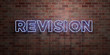 REVISION - fluorescent Neon tube Sign on brickwork - Front view - 3D rendered royalty free stock picture. Can be used for online banner ads and direct mailers..