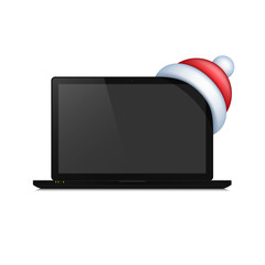 Fototapete - Realistic laptop computer monitor with santa hat. Vector isolated illustration.