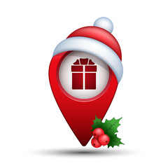 Poster - Map pointer with gift box, vector realistic red Christmas illustration. 