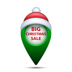 Poster - Map pointer with Big Christmas Sale inscription, vector realistic green Xmas illustration. 