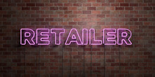 RETAILER - Fluorescent Neon Tube Sign On Brickwork - Front View - 3D Rendered Royalty Free Stock Picture. Can Be Used For Online Banner Ads And Direct Mailers..