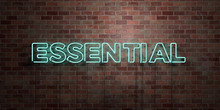 ESSENTIAL - Fluorescent Neon Tube Sign On Brickwork - Front View - 3D Rendered Royalty Free Stock Picture. Can Be Used For Online Banner Ads And Direct Mailers..