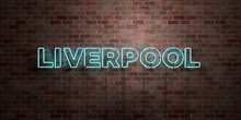LIVERPOOL - Fluorescent Neon Tube Sign On Brickwork - Front View - 3D Rendered Royalty Free Stock Picture. Can Be Used For Online Banner Ads And Direct Mailers..