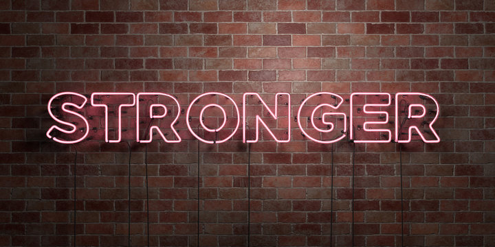 STRONGER - fluorescent Neon tube Sign on brickwork - Front view - 3D rendered royalty free stock picture. Can be used for online banner ads and direct mailers..