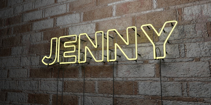 JENNY - Glowing Neon Sign on stonework wall - 3D rendered royalty free stock illustration.  Can be used for online banner ads and direct mailers..