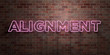 ALIGNMENT - fluorescent Neon tube Sign on brickwork - Front view - 3D rendered royalty free stock picture. Can be used for online banner ads and direct mailers..