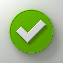 Fototapete - White check mark or tick abstract on green round signboard over white wall background with shadow 3D rendering