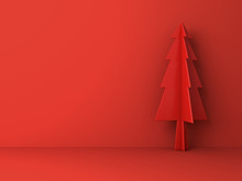 Red Christmas Tree On Red Background For Christmas Decoration With Shadow 3D Rendering