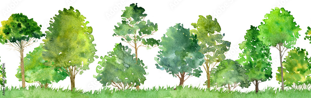 seamless watercolor landscape with trees - obrazy, fototapety, plakaty 