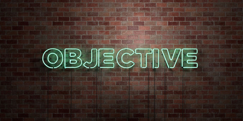 OBJECTIVE - fluorescent Neon tube Sign on brickwork - Front view - 3D rendered royalty free stock picture. Can be used for online banner ads and direct mailers..