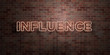 INFLUENCE - fluorescent Neon tube Sign on brickwork - Front view - 3D rendered royalty free stock picture. Can be used for online banner ads and direct mailers..