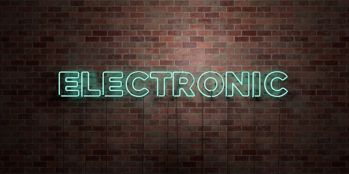 ELECTRONIC - fluorescent Neon tube Sign on brickwork - Front view - 3D rendered royalty free stock picture. Can be used for online banner ads and direct mailers..