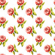 Seamless pattern of watercolor red roses with green leaves
