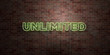 UNLIMITED - fluorescent Neon tube Sign on brickwork - Front view - 3D rendered royalty free stock picture. Can be used for online banner ads and direct mailers..