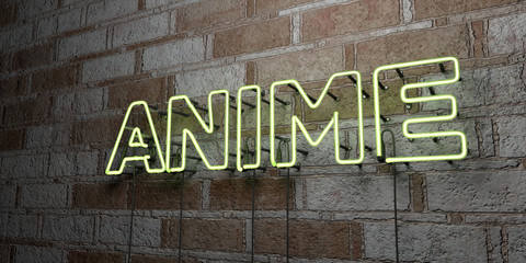 ANIME - Glowing Neon Sign on stonework wall - 3D rendered royalty free stock illustration.  Can be used for online banner ads and direct mailers..